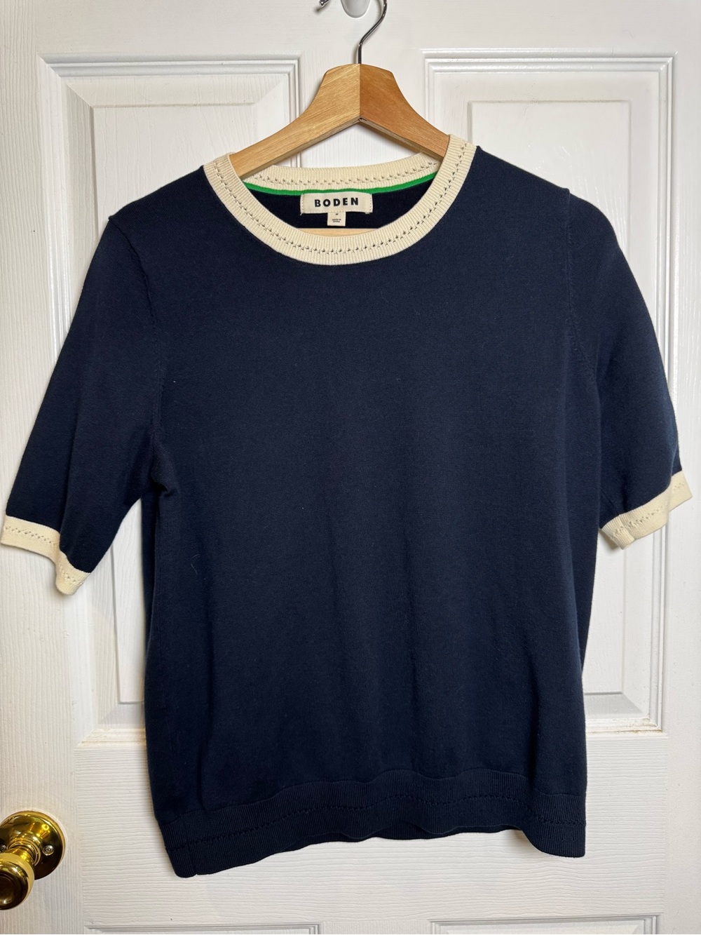 Boden Navy Cream Contrast Trim Short Sleeve Knit Sweater Medium Classic Capsule